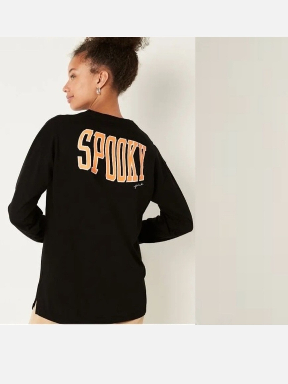 PINK Victoria's Secret Black Long Sleeve Tee with Orange "SPOOKY" Back Graphic